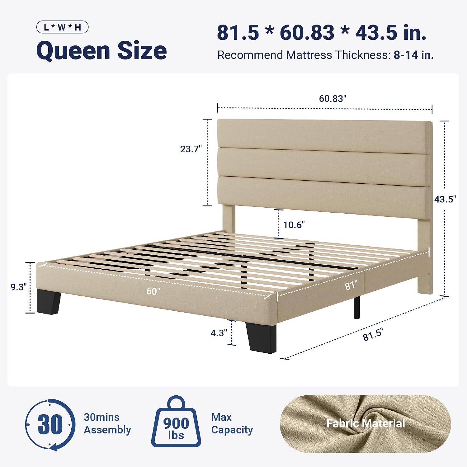allewie queen beige platform bed with fabric headboard wooden slats. no box spring quiet.jpg