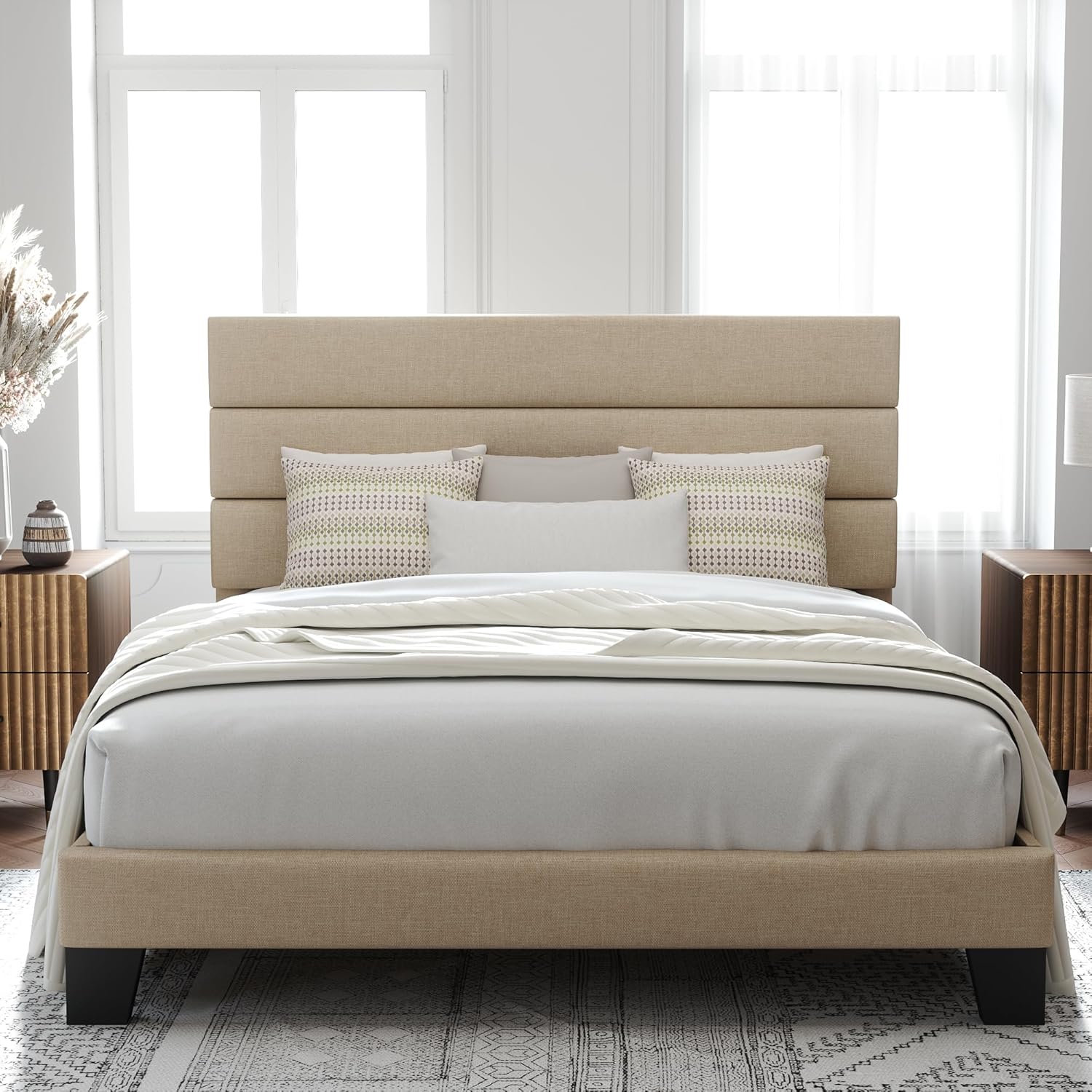 Allewie Queen Size Platform Bed Frame with Fabric Upholstered Headboard | Wooden Slats Support, Fully Upholstered Mattress Foundation, No Box Spring Needed, Easy Assembly, Noise-Free, Beige