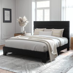 Allewie Queen Size Platform Bed Frame with Velvet Upholstered Headboard | Wooden Slats Support, Fully Upholstered Mattress Foundation, No Box Spring Needed, Easy Assembly, Noise-Free, Black