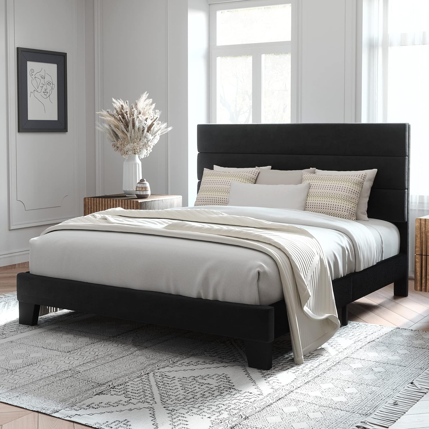 Allewie Queen Size Platform Bed Frame with Velvet Upholstered Headboard | Wooden Slats Support, Fully Upholstered Mattress Foundation, No Box Spring Needed, Easy Assembly, Noise-Free, Black