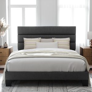 Allewie Queen Size Platform Bed Frame with Fabric Upholstered Headboard | Wooden Slats Support, Fully Upholstered Mattress Foundation, No Box Spring Needed, Easy Assembly, Noise-Free, Dark Grey