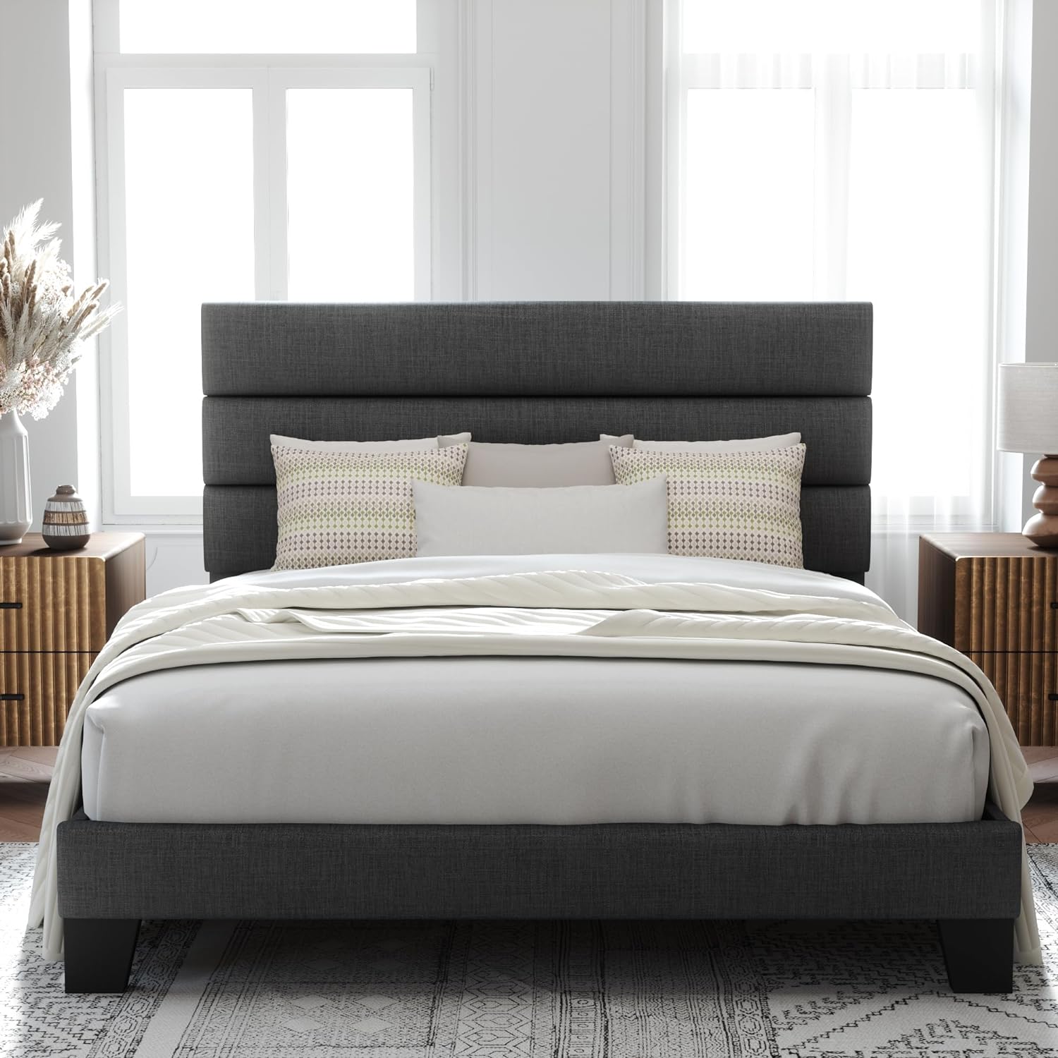 Allewie Queen Size Platform Bed Frame with Fabric Upholstered Headboard | Wooden Slats Support, Fully Upholstered Mattress Foundation, No Box Spring Needed, Easy Assembly, Noise-Free, Dark Grey