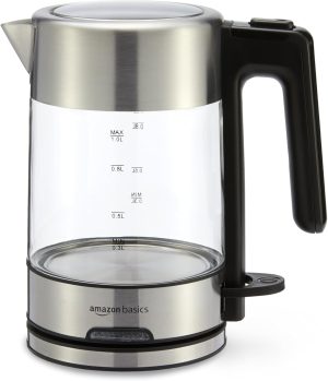 Amazon Basics Electric Kettle with Glass Carafe for Tea and Coffee, Fast Boiling, Auto Shut-Off, Boil-Dry Protection, Temperature Control, Removable Filter, 1 Liter, 1500W, BPA-Free