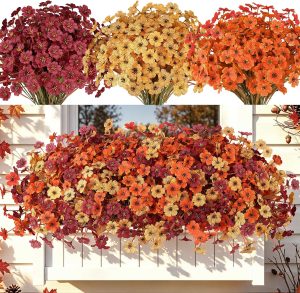 AmyHomie 20 PCS Artificial Fall Flowers for Outdoors, Orange Fake Mums | Fall Decor, Farmhouse & Thanksgiving; No Fade Patio Porch Garden Window Box, Hanging Flowers & Planter Baskets