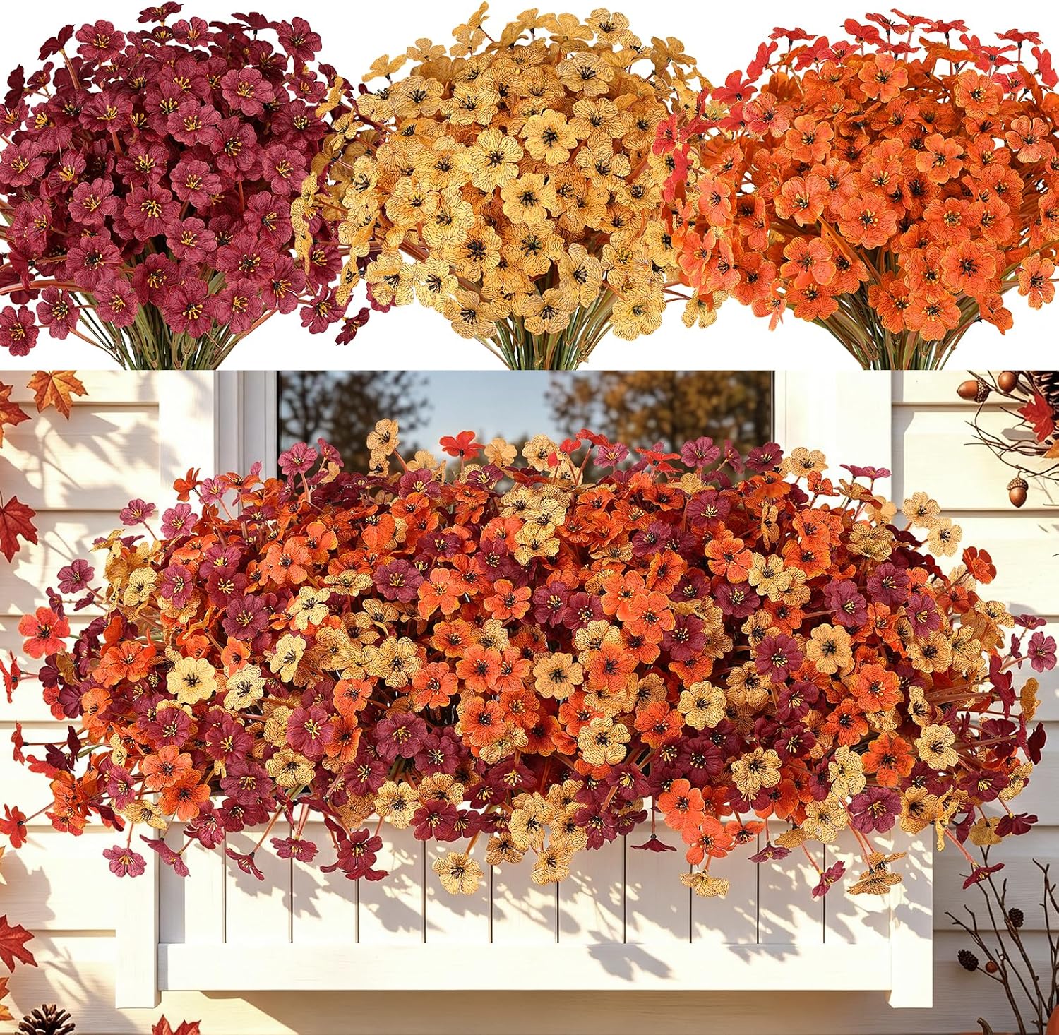 AmyHomie 20 PCS Artificial Fall Flowers for Outdoors, Orange Fake Mums | Fall Decor, Farmhouse & Thanksgiving; No Fade Patio Porch Garden Window Box, Hanging Flowers & Planter Baskets