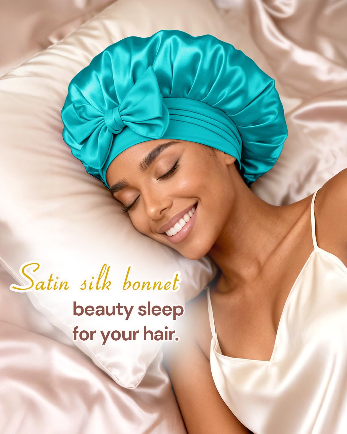 aqua blue satin lined sleep bonnet for curly hair with tie.jpg