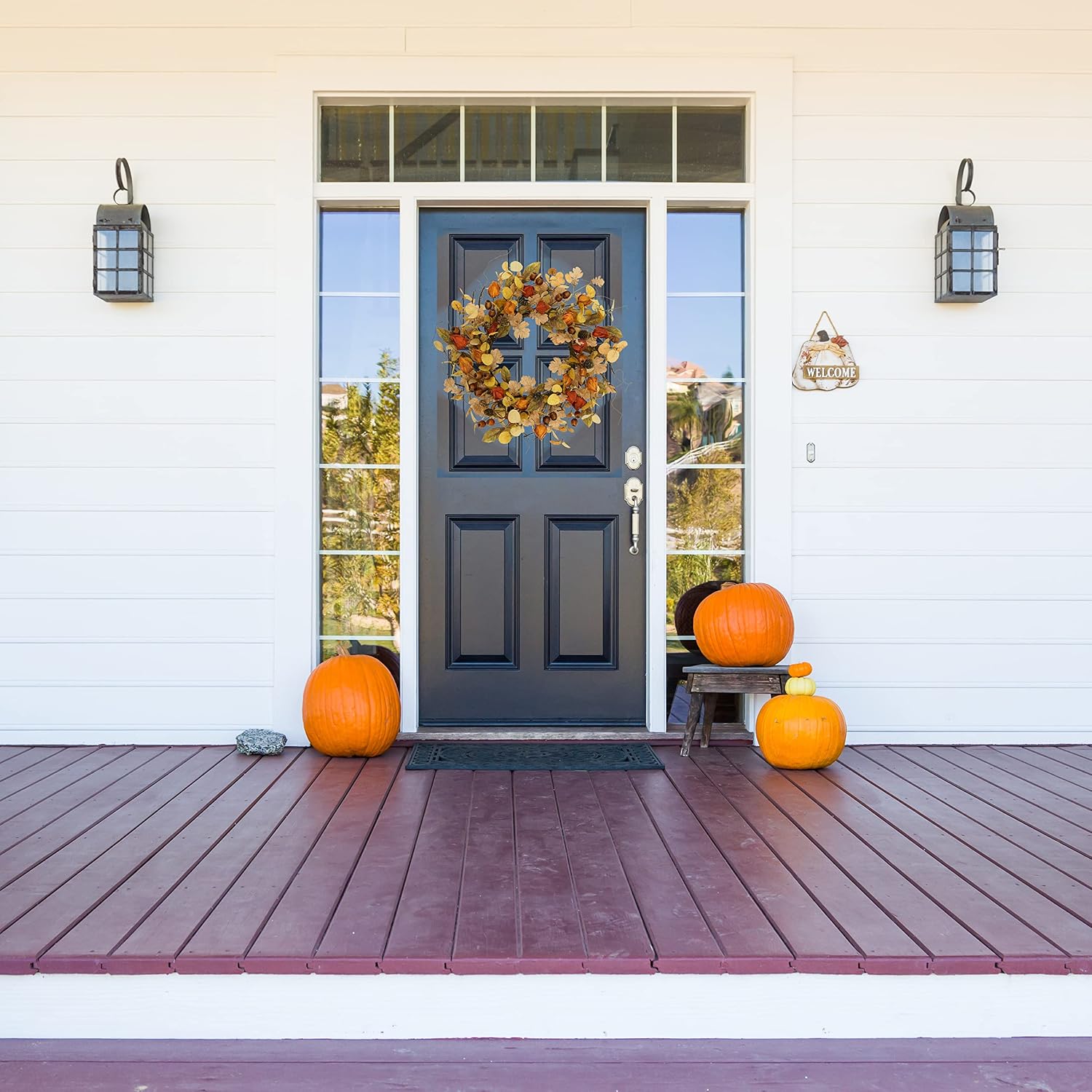 Artificial Autumn Wreath: Golden Eucalyptus & Oak Leaves for Door Decor - Image 2