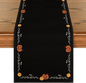 Artoid Mode 210 GSM Halloween Table Runner Home Party Decor 13x72 Inch | Black Jack-O'-Lanterns Pumpkins Border, Seasonal Kitchen Dining Table Decoration
