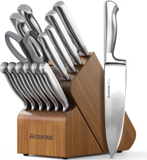 Astercook Knife Set 15 Piece German Steel Kitchen Knife Block Set | Wooden Block, Built-in Sharpener, One-Piece Design, Razor Sharp, Rust-Resistant, 6 Steak Knife, Full Tang, For Cooking & Gift