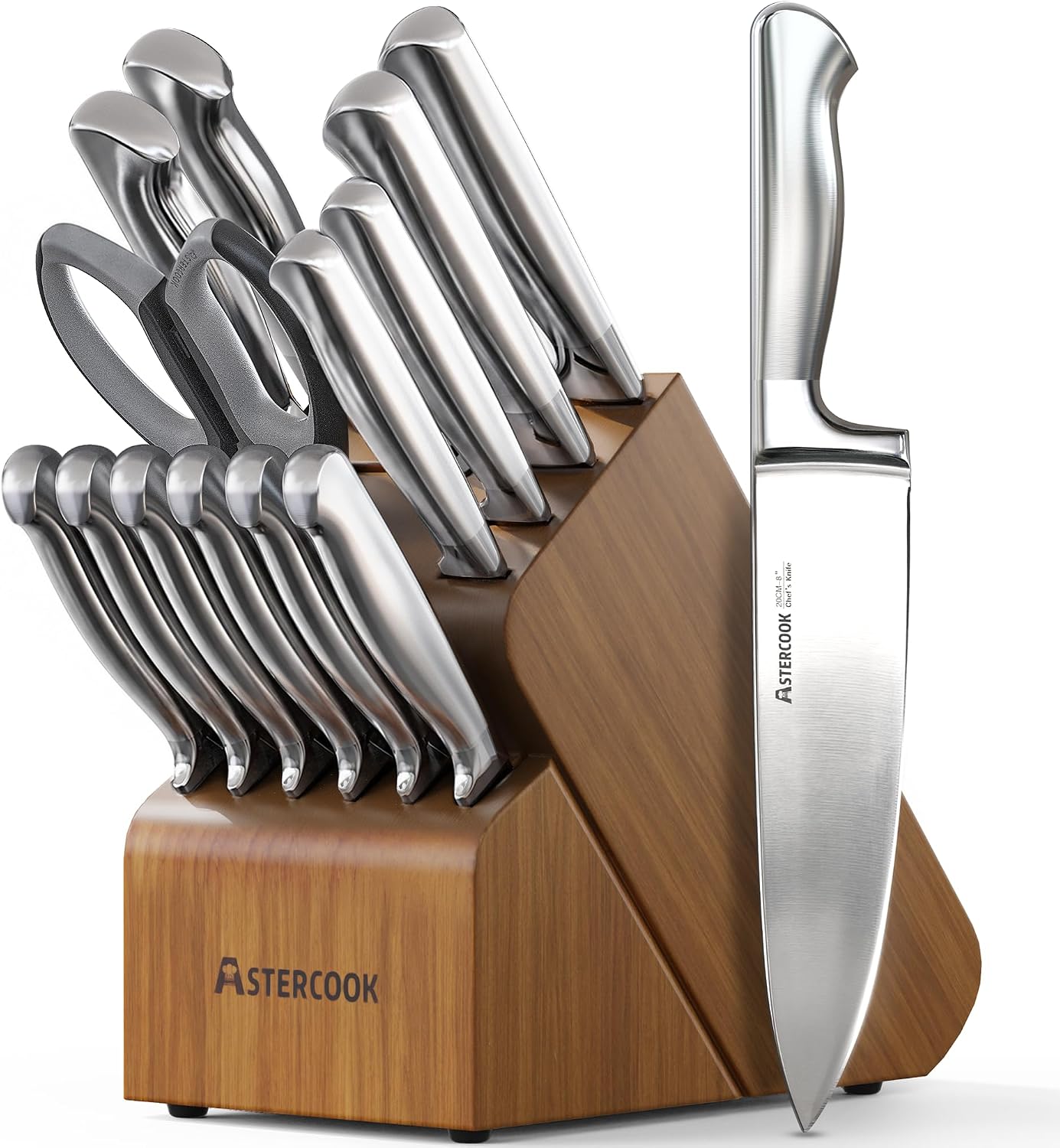 Astercook Knife Set 15 Piece German Steel Kitchen Knife Block Set | Wooden Block, Built-in Sharpener, One-Piece Design, Razor Sharp, Rust-Resistant, 6 Steak Knife, Full Tang, For Cooking & Gift