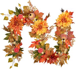 Valery Madelyn 6ft Pre-Lit Fruits & Dahlia Fall Garland for Mantel | Faux Pomegranate & Apples & Maple Leaves & LED Light for Stairs,Fireplace,Table Centerpiece Autumn Thanksgiving Harvest Decor