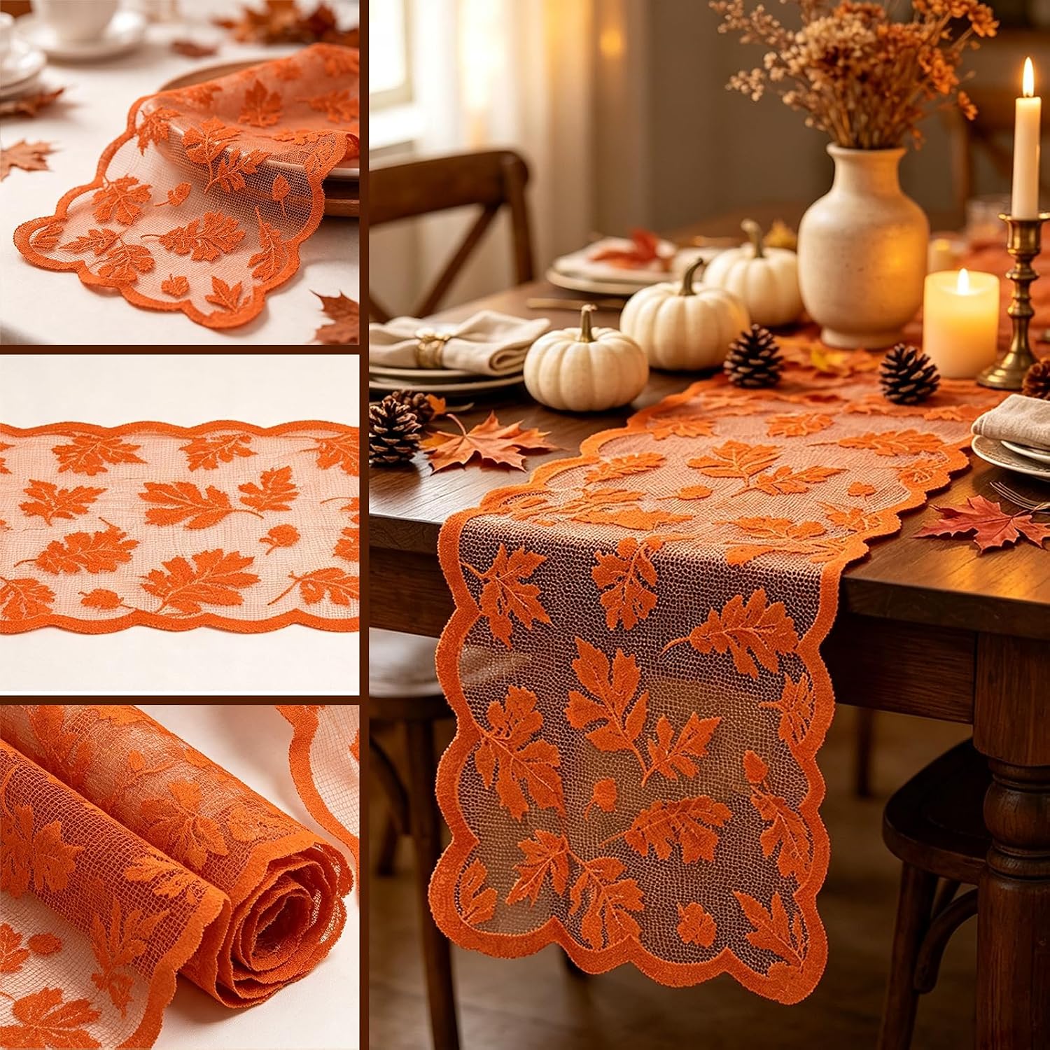 Autumn Maple Leaf Lace Table Runner for Fall & Thanksgiving Decor - Image 2