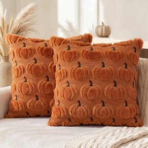 AVOIN colorlife Caramel Fall Pumpkin Throw Pillow Covers 18x18 Inch | Autumn Harvest Thanksgiving Soft Plush Faux Fur Jacquard Embroidered Cushion Case Decoration for Sofa Couch Set of 2