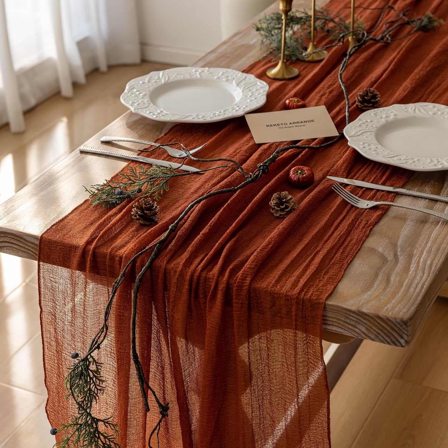 Fall Table Runner Terracotta Cheesecloth 120 Inch Party Home Decorations | For Thanksgiving Friendsgiving Wedding Bridal Shower Baby Shower Engagement Party Rustic Boho Autumn Home Decor