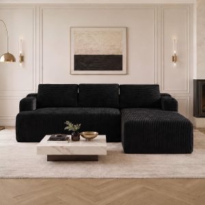 Avenco Modular Sectional Sofa, Boneless Couches for Living Room with Individually Wrapped Coil Support, No Assembly Required, Corduroy Fabric (Black, 93" L-Shape Right Chaise)