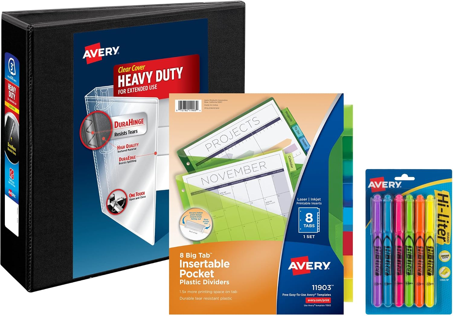Avery® Heavy-Duty View 3 Ring Binder with 3 Inch Rings, 8 Tab Plastic Binder Dividers with Pockets, Assorted Chisel Tip Highlighters, School Supplies Set (01682)