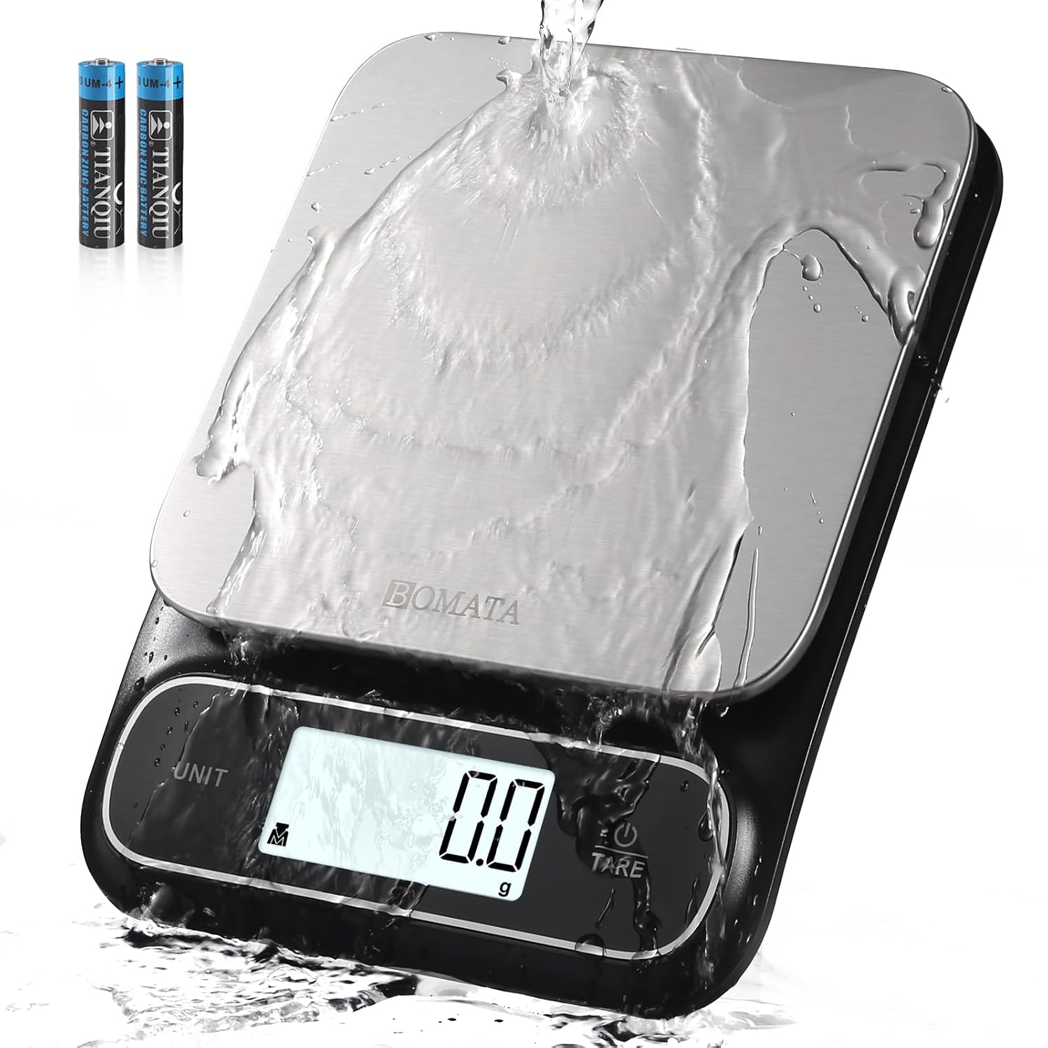 BOMATA Waterproof IPX6 Kitchen Scale with 0.1 g/0.01 oz High Precision | 5 kg/11 lbs, Digital Scale with Backlight, Stainless Steel Weighing Platform, for Food, Cooking,Baking,Weight Loss B619 Black