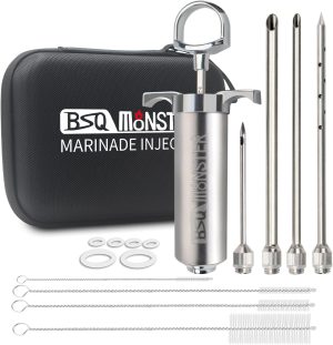 BSQ MONSTER Meat Injector Syringe Kit with 4 Professional Marinade Injector Needles and Travel Case for BBQ Grill Smoker, Turkey, Brisket; 2-oz Capacity; Paper User Manual and E-Book (PDF)