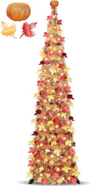Pumpkin & Fall Decor - 5FT Pop Up Fall Tree with Lights Battery Operated | Fall Decorations for Home, Collapsible Tinsel Maples Tree 50 LED Orange Warm Lights Thanksgiving Tree Decor Porch Home Party