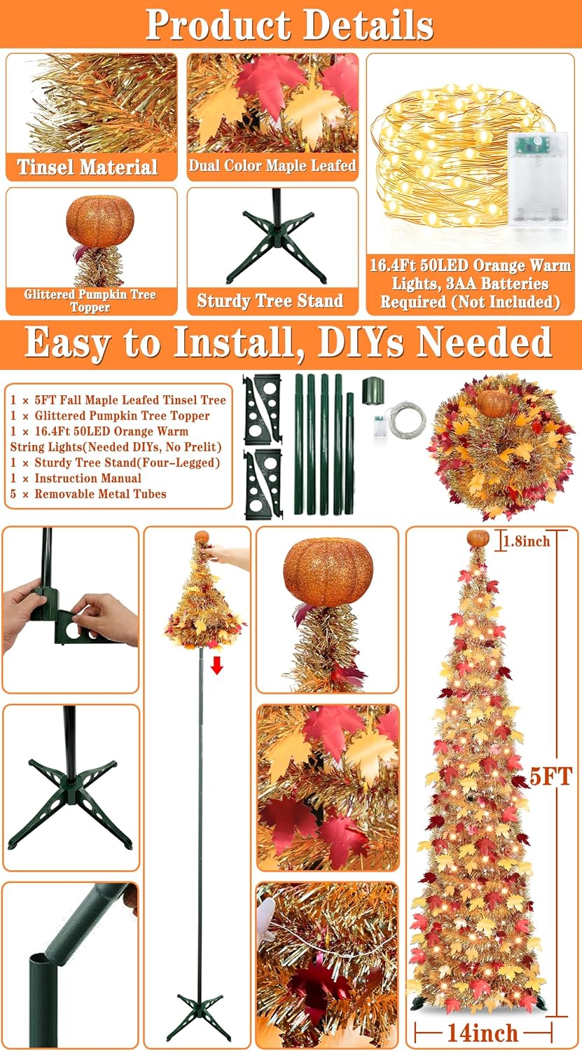 Battery 5FT Pop Up Fall Tinsel Tree with Orange LED Lights - Image 2