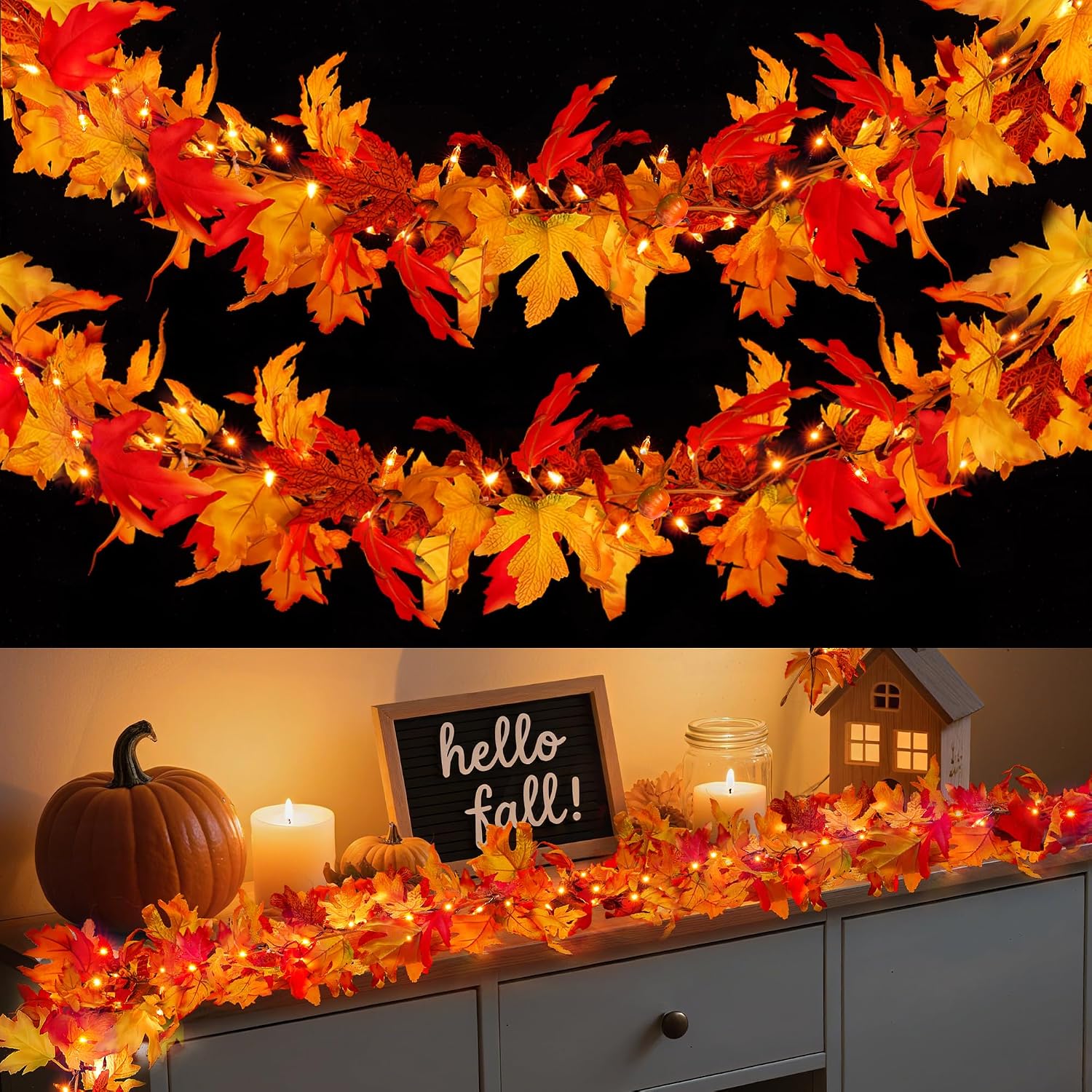 Fall Decorations for Home 9 FT Pre-lit Fall Garland with 50 LED Orange Lights, 6 Pumpkins, 8 Modes, Timer, Battery Operated Maple Leaves Garland for Fall Thanksgiving Mantel Door Fireplace Decor