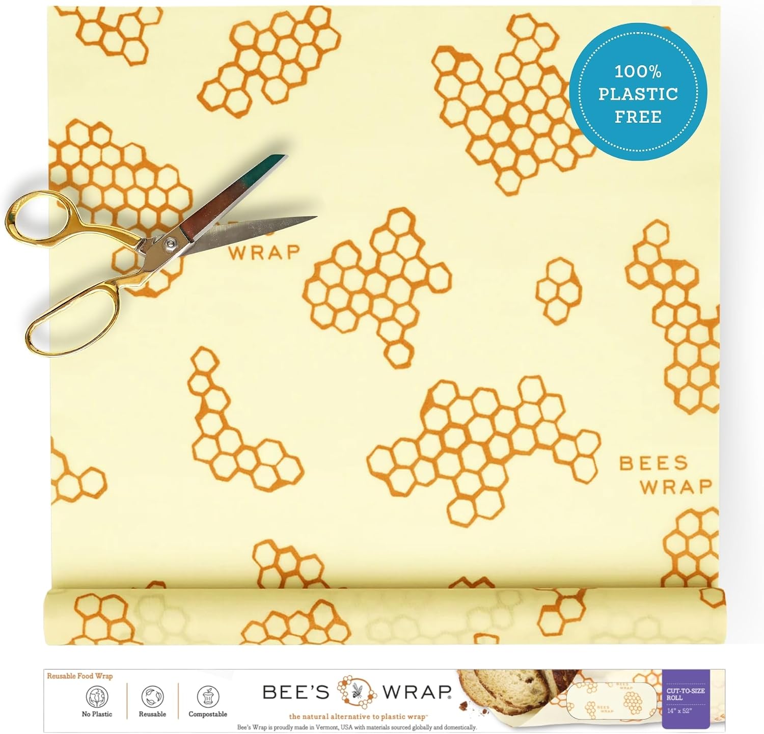 Bee's Wrap Beeswax Wrap Roll, 14 x 53 in - Honeycomb | Cut to Size Organic Beeswax Wraps - Plastic Free - Reusable Food Storage - Wrap Bowls, Bread & Produce - Made in USA