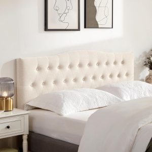 Tufted Headboard Queen Size, Solid Wood Adjustable Height Head Board, Beige | Upholstered Queen Headboard Only with Durable Solid Wood Legs, Adjustable Height 37-51 in, Fabric Button Diamond HeadBoards