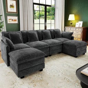 Shop Kitchen Tools & Home Decor 107" Cloud Couch Sectional, U Shaped Modular Sectional Sofa, 4-Seat Deep Seat Couch with 6 Removable Washable Pillows and 2 Ottoman for Living Room, Bedroom, Apartment, Black