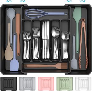 ukeetap Extra Large Expandable Silverware Organizer, Flatware Tray, Black | BPA-Free Food-Safe Kitchen Utensil Cutlery Drawer Organizer, Adjustable Silverware Holder for Spoons Forks Knives