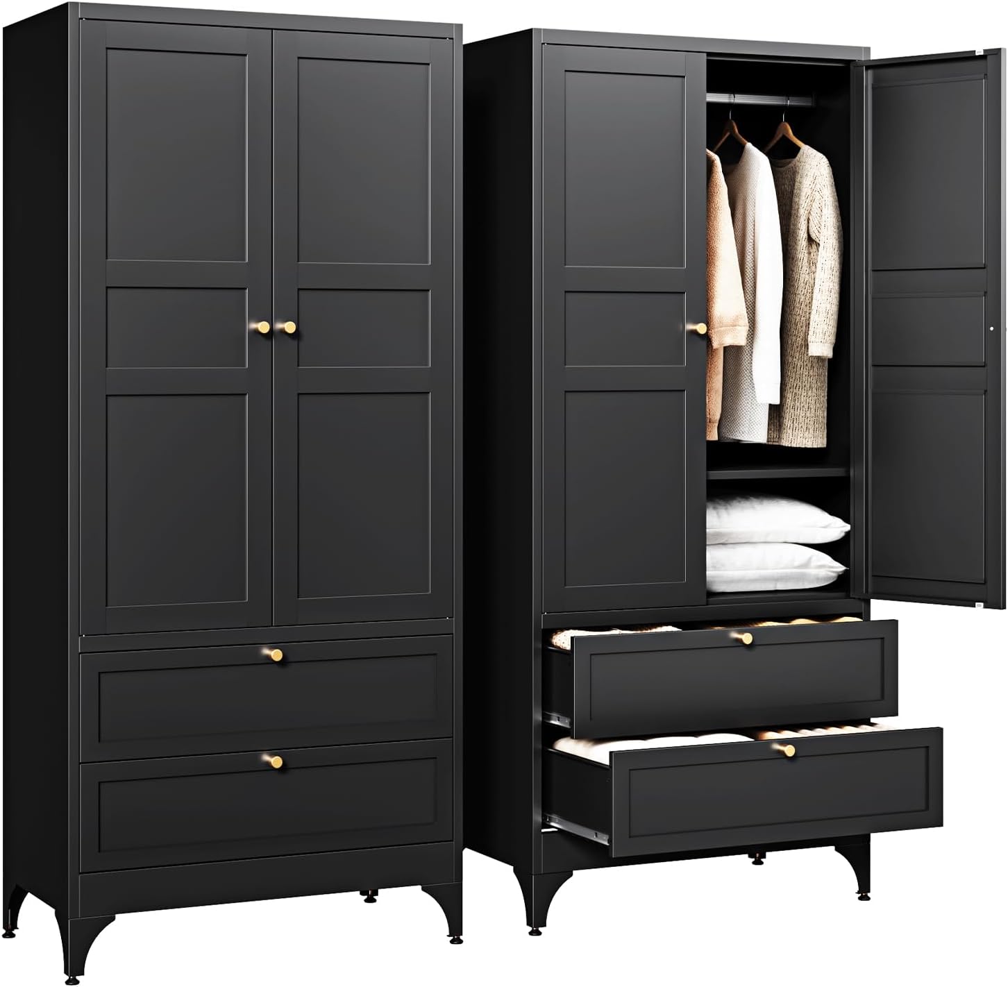 Metal Armoire Wardrobe Closet with 2 Drawers,18" Deep Clothing Storage Cabinet with Doors and Shelves,Coat Closet with Hanging Rod,Bedroom,Home,Cloak Room-Black