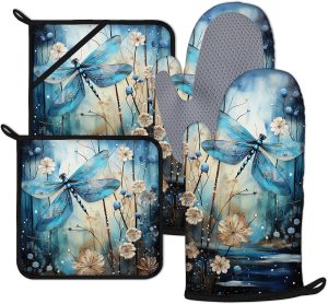 Blue Dragonfly 4Pcs Silicone Oven Mitts and Pot Holders Set Oven Mitts Set Gloves Hot Pad for Kitchen Baking Cooking Grilling BBQ