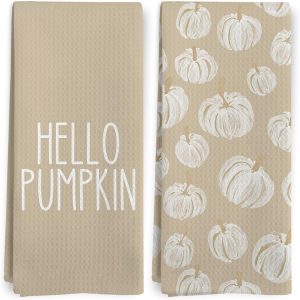 Boho Fall Hello Pumpkin Kitchen Dish Tea Towels 16x24 Inch Set of 2 | Vintage Farmhouse Autumn White Pumpkin Dish Tea Towel for Kitchen, Neutral Fall Decorative Hand Towel for Bathroom Decor
