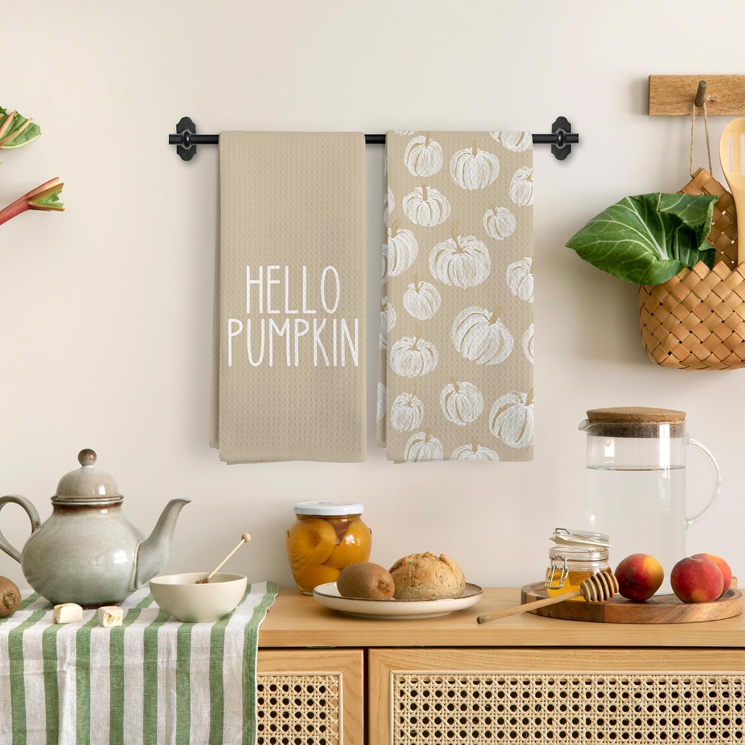 Boho Farmhouse Fall Pumpkin Tea Towels (Set of 2) for Kitchen & Bath Decor. - Image 2