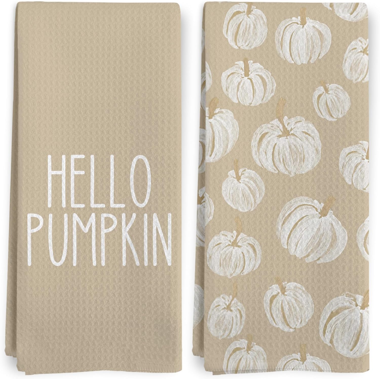 Boho Fall Hello Pumpkin Kitchen Dish Tea Towels 16x24 Inch Set of 2 | Vintage Farmhouse Autumn White Pumpkin Dish Tea Towel for Kitchen, Neutral Fall Decorative Hand Towel for Bathroom Decor