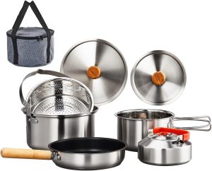 Bonnlo Camping Cookware Set, 6 Pcs 304 Stainless Steel Camp Pots and Pans with Kettle, Steamer Basket & Lids, Travel Tote Bag Included for Outdoor Cooking, Works on Gas, Electric & Induction Cooktops