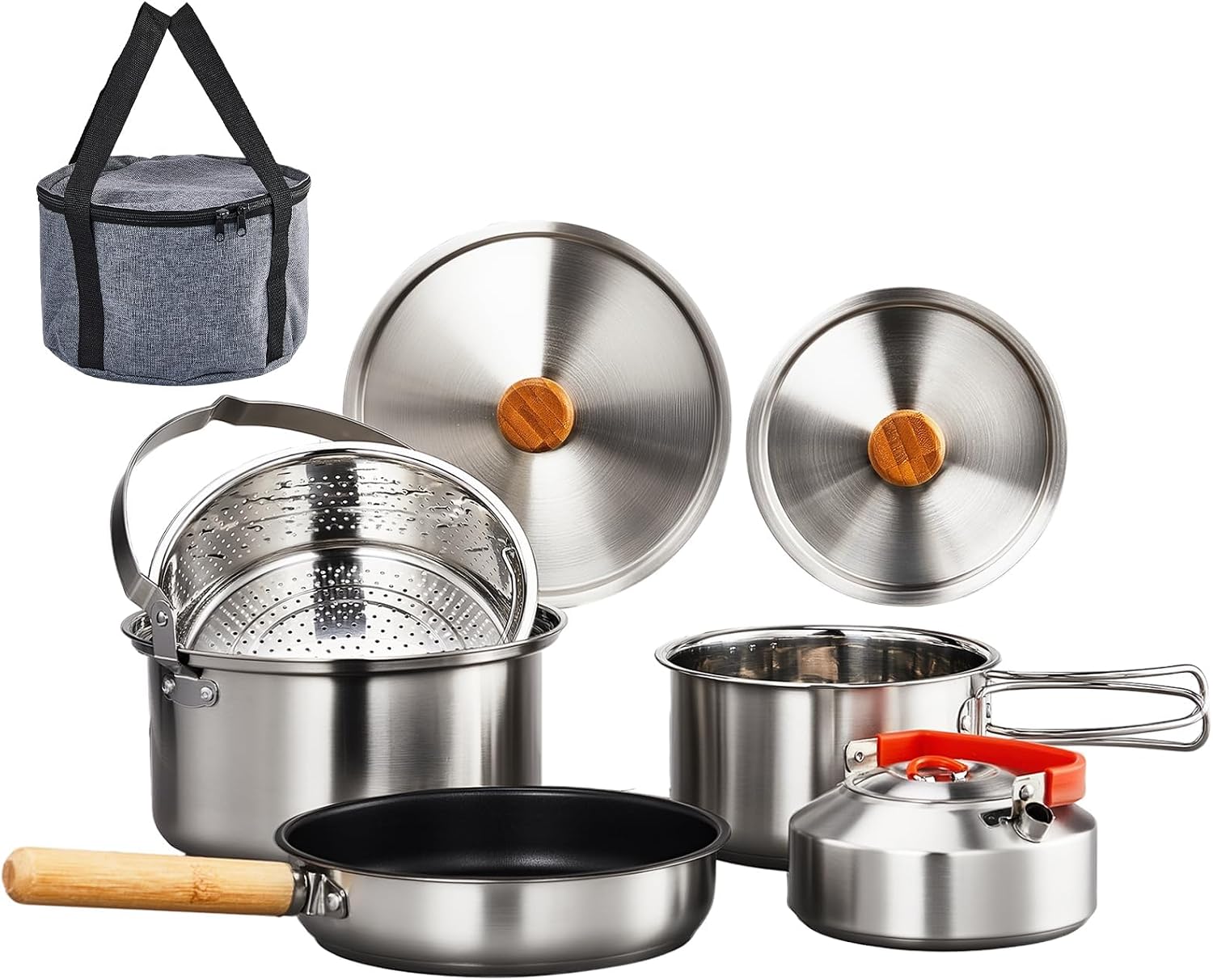 Bonnlo Camping Cookware Set, 6 Pcs 304 Stainless Steel Camp Pots and Pans with Kettle, Steamer Basket & Lids, Travel Tote Bag Included for Outdoor Cooking, Works on Gas, Electric & Induction Cooktops