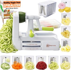 Brieftons 10-Blade Vegetable Spiralizer: Zoodle Maker & Veggie Noodle Maker, Potato String & Curly Fry Cutter, Japanese Steel Blades, Catch Container, Strong Suction Pad, 4 eBooks | Keto, Vegan, Paleo