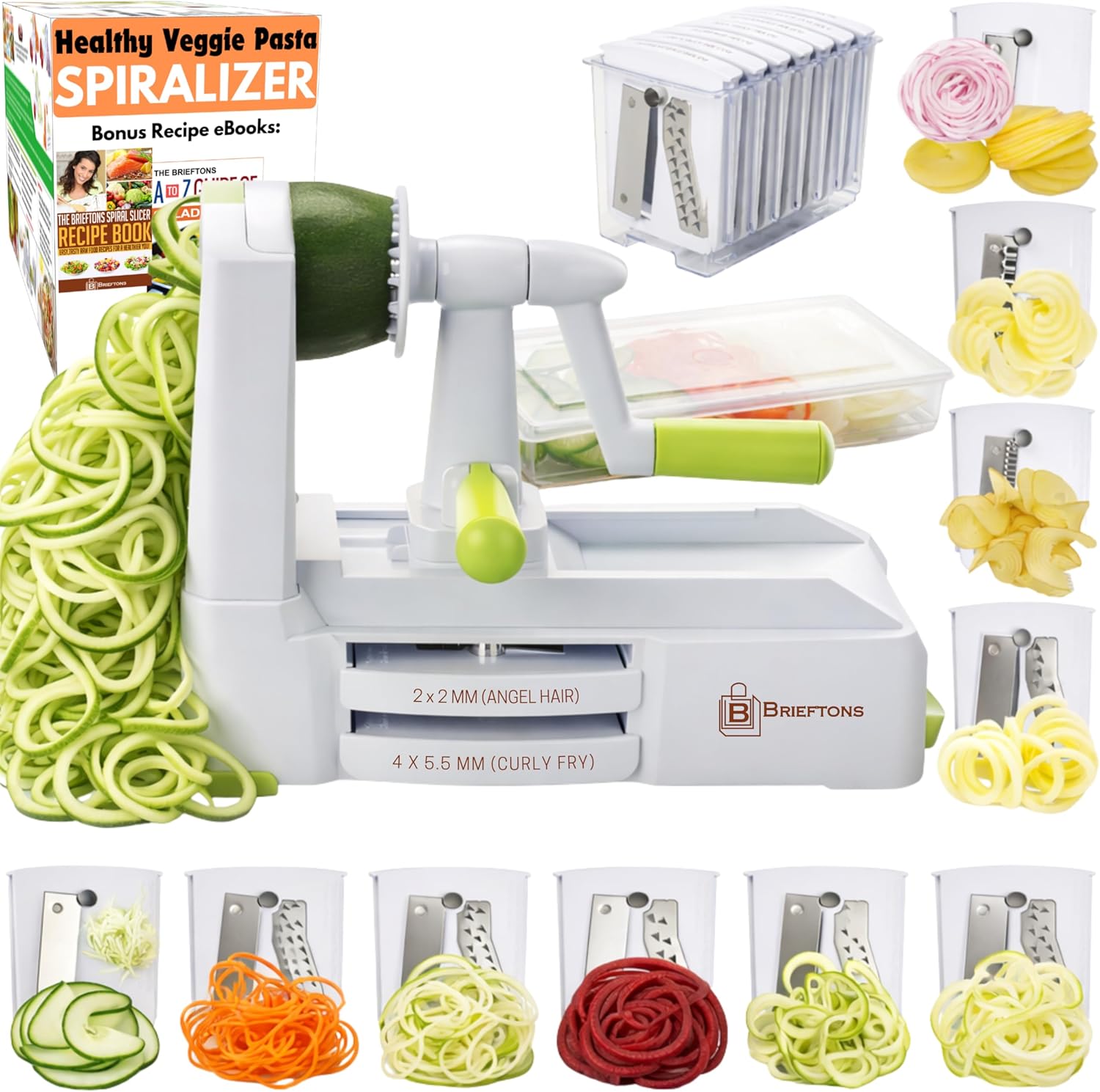 Brieftons 10-Blade Vegetable Spiralizer: Zoodle Maker & Veggie Noodle Maker, Potato String & Curly Fry Cutter, Japanese Steel Blades, Catch Container, Strong Suction Pad, 4 eBooks | Keto, Vegan, Paleo