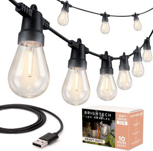 Brightech Ambience Pro USB Powered String Lights - 24 Ft Commercial Grade Waterproof String Lights, Outdoor Shatterproof Patio Lights for Camping, Christmas, Backyard, Porch - 1W LED Soft White Light