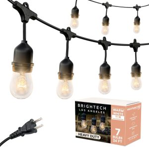 Brightech Ambience Pro Incandescent Outdoor String Lights - Commercial Grade Waterproof Patio Lights with 24 Ft Dimmable Edison Bulbs, Porch String Lights for Patio, Backyard, Christmas - 7 Bulbs 11W