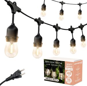 Brightech Ambience Pro LED Outdoor String Lights - Commercial Grade Waterproof Patio Lights with 48 Ft Dimmable Edison Bulbs, Porch String Lights for Patio, Backyard - 15 Bulbs 2W Soft White
