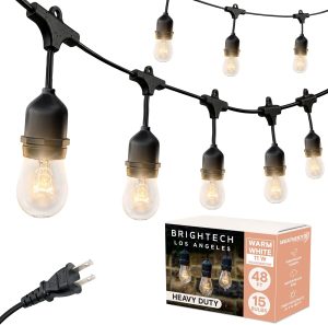 Brightech Ambience Pro Incandescent Outdoor String Lights - Commercial Grade Waterproof Patio Lights with 48 Ft Dimmable Edison Bulbs, Porch String Lights for Patio, Backyard - 15 Bulbs 11W