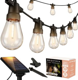 Brightech Ambience Pro Solar Powered Outdoor String Lights, 48 ft Commercial Grade Waterproof Patio Lights, 15 Edison Bulbs, Shatterproof LED String Lights for Outside, Porch - 1W Soft White