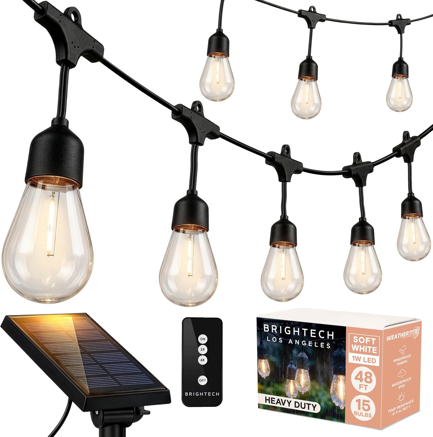 Brightech Ambience Pro – Solar Power Remote Control Outdoor String Lights with Edison Bulbs – Shatterproof, Commercial Grade LED Waterproof Patio Lights – 1W, 3,000K, Hanging, 48 ft