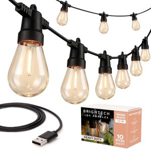 Brightech Ambience Pro USB Powered String Lights - 24 Ft Commercial Grade Waterproof String Lights - Outdoor Shatterproof Patio Lights for Camping, Backyard, Porch, Christmas - 1W 12 Bulbs, Warm White