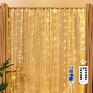 Brightown 300 LED Fairy Curtain Lights, 9.8ft x 9.8ft Curtain String Lights | USB Plug in 8 Lighting Modes Christmas String Hanging Lights with Remote for Bedroom Indoor Outdoor Party Xmas Halloween