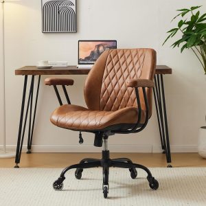 YFO Home Office Desk Chair Office Rubber Casters Ergonomic Computer Chair with Lumbar Support Adjustable Height Rolling Swivel Executive Task Armrests Chair, Brown Leather
