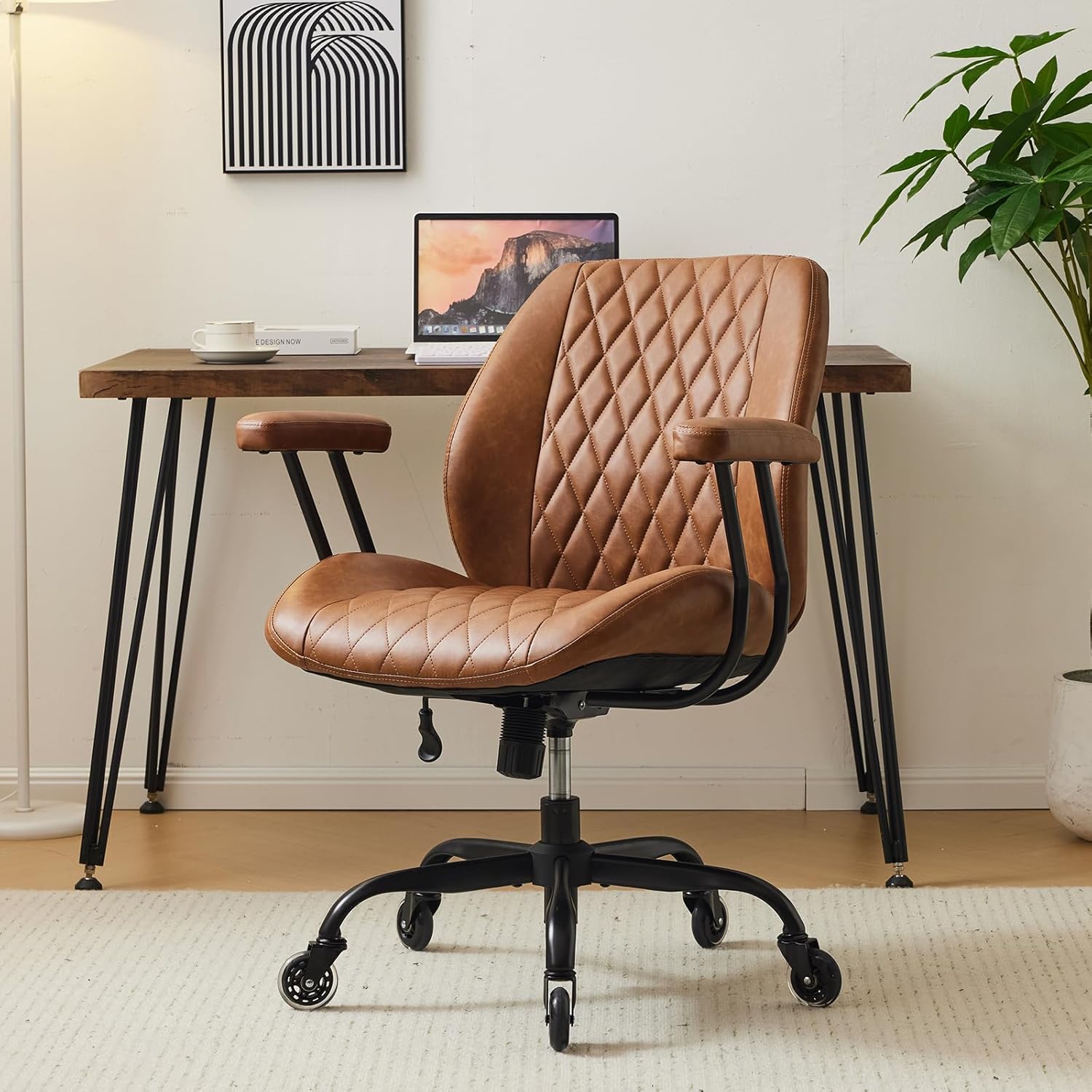 YFO Home Office Desk Chair Office Rubber Casters Ergonomic Computer Chair with Lumbar Support Adjustable Height Rolling Swivel Executive Task Armrests Chair, Brown Leather