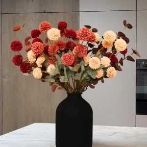 RyddeligHome Fall Flowers, Burnt Orange Faux Kiku Flowers Artificial 10 Stems + Eucalyptus, Fake Red Orange Mums Floral Centerpiece, Terracotta Mini Balls Faux Stems for Vase, Decoración de Otoño