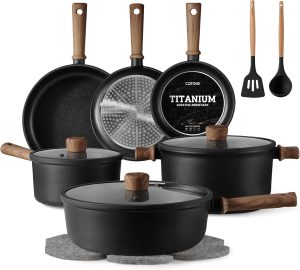 CAROTE 16pcs Pots and Pans Set, Nonstick Cookware Sets | Titanium Reinforced Coating, Scratch-Resistant, Easy to Clean, Even Heating, Induction Compatible, with Frying Pans Set